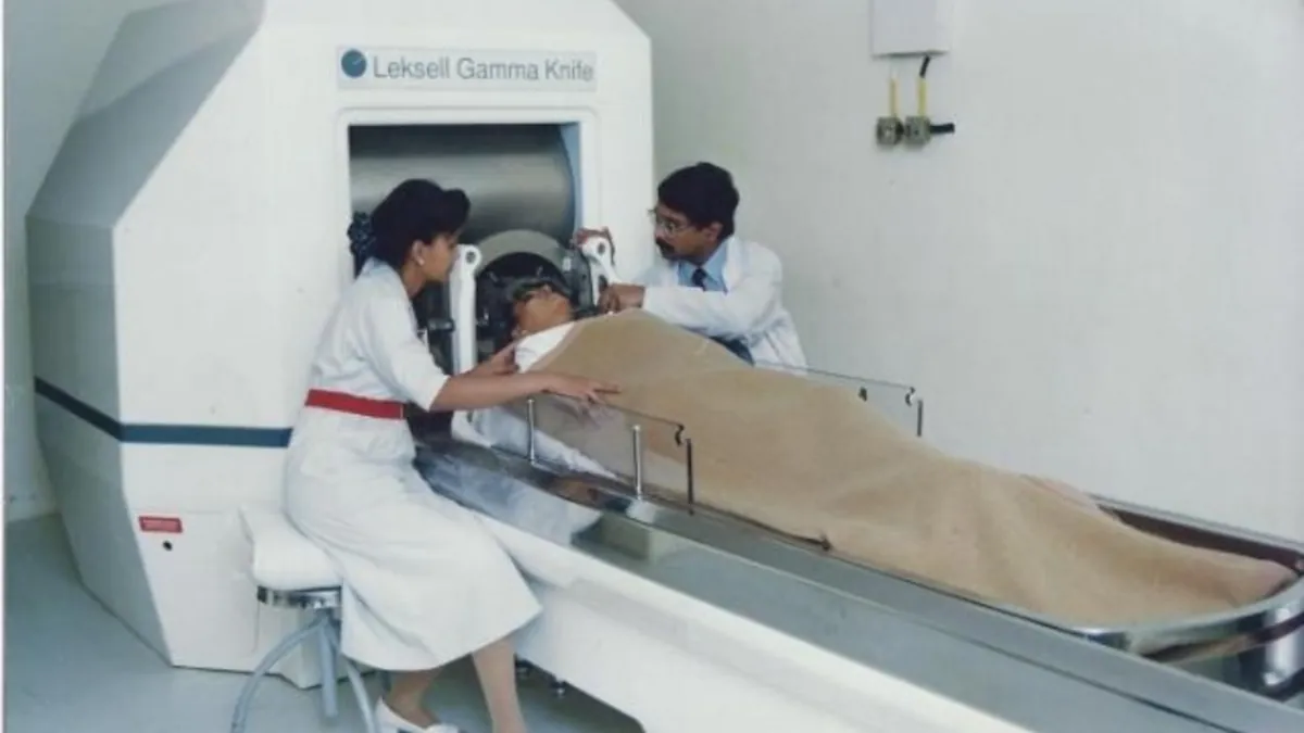 Gamma Knife radiosurgery unit that focuses gamma rays on brain tumors